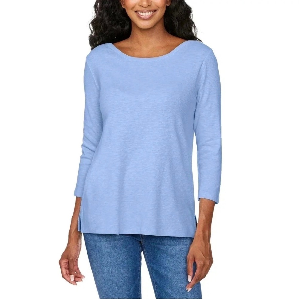 Kirkland Signature Womens XXL Blue Boatneck 3/4 Sleeve Slub Cotton Tee Layering